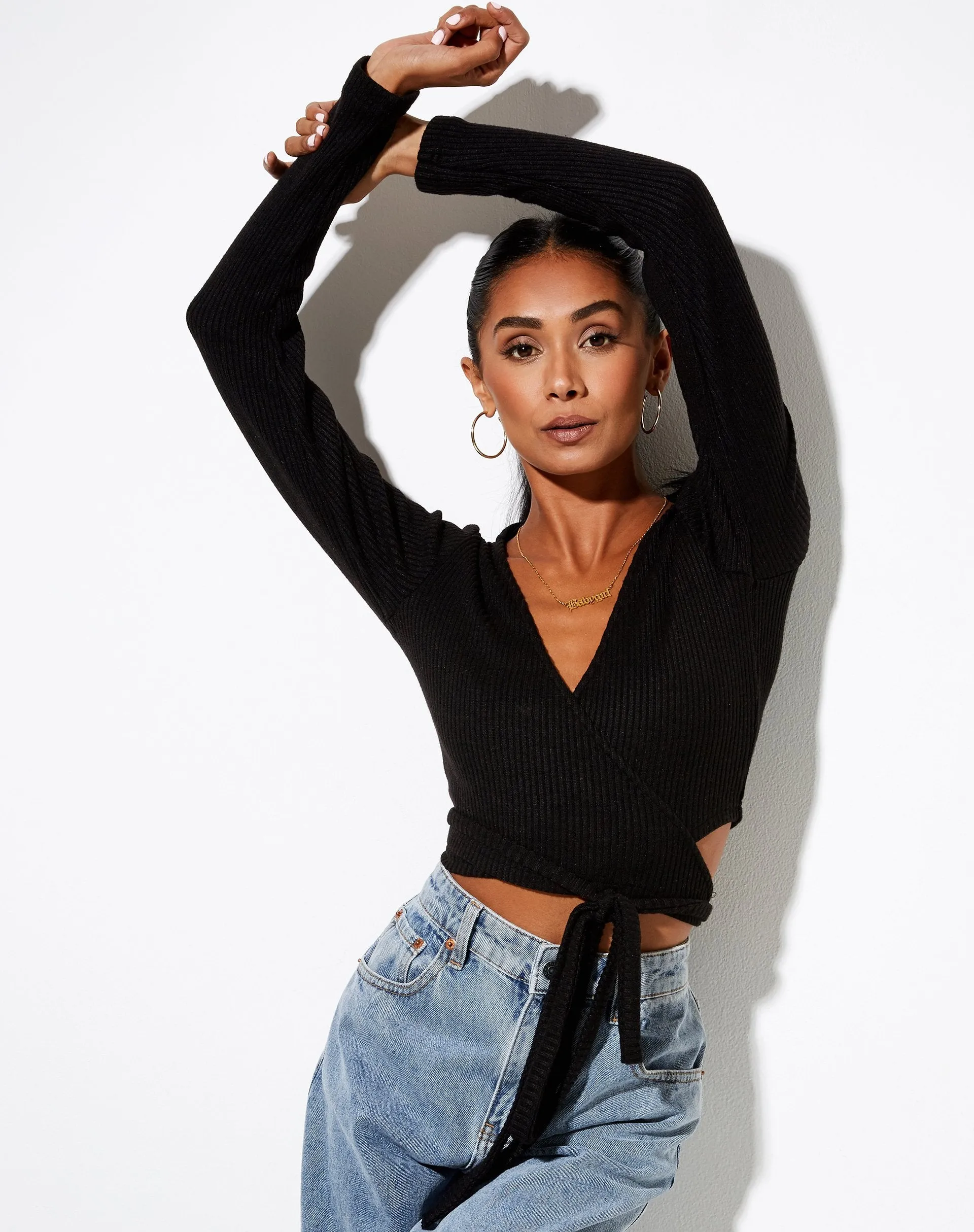 Bianca Wrap Top in Rib Black