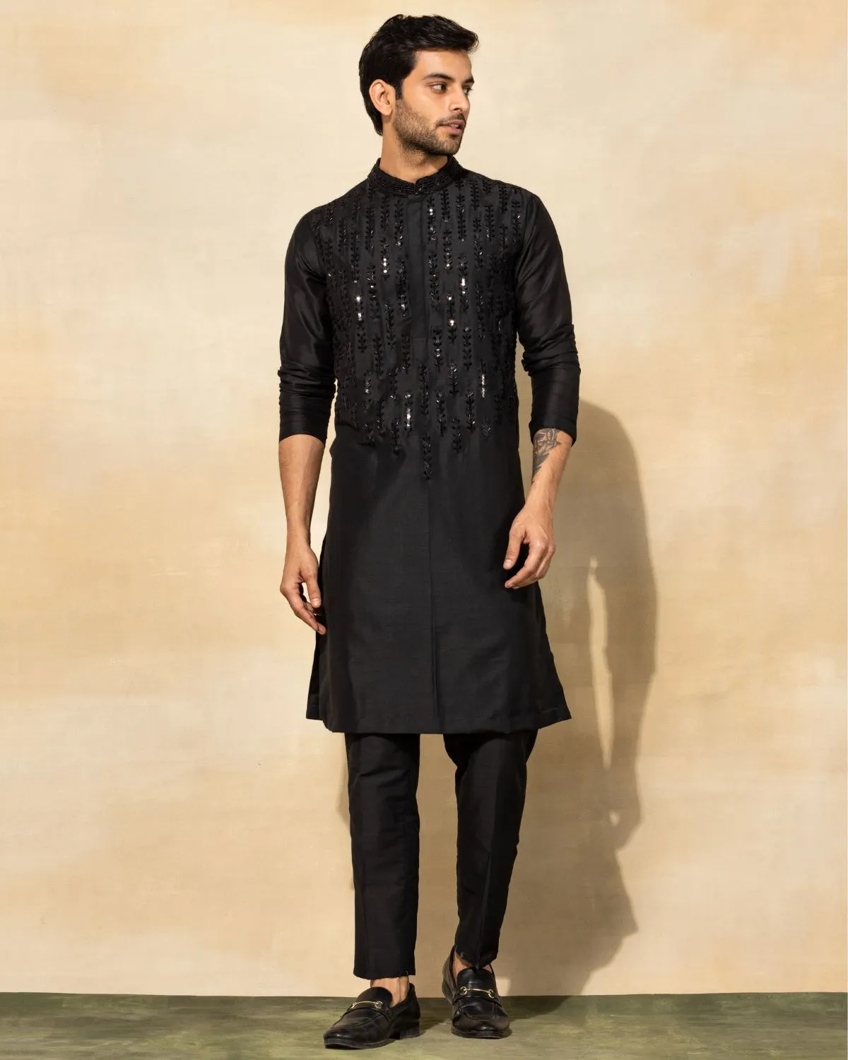 Black Leaf Embroidered Kurta Set