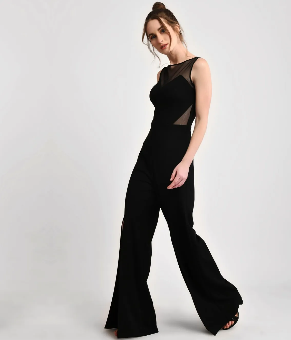 Black Sheer Cutout Jumpsuit With High Slits