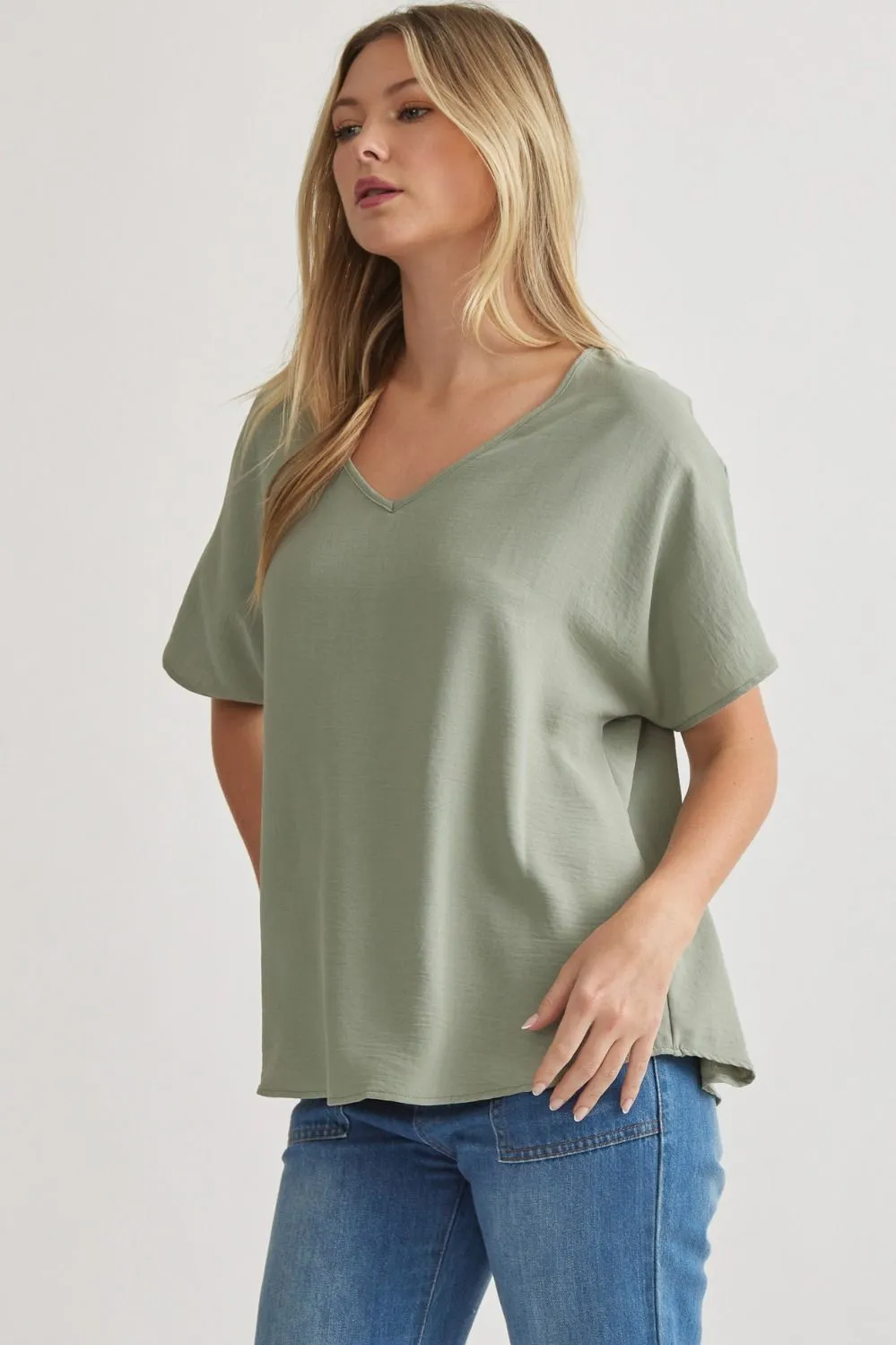 Blissful Basics V-Neck Top - Sage Green