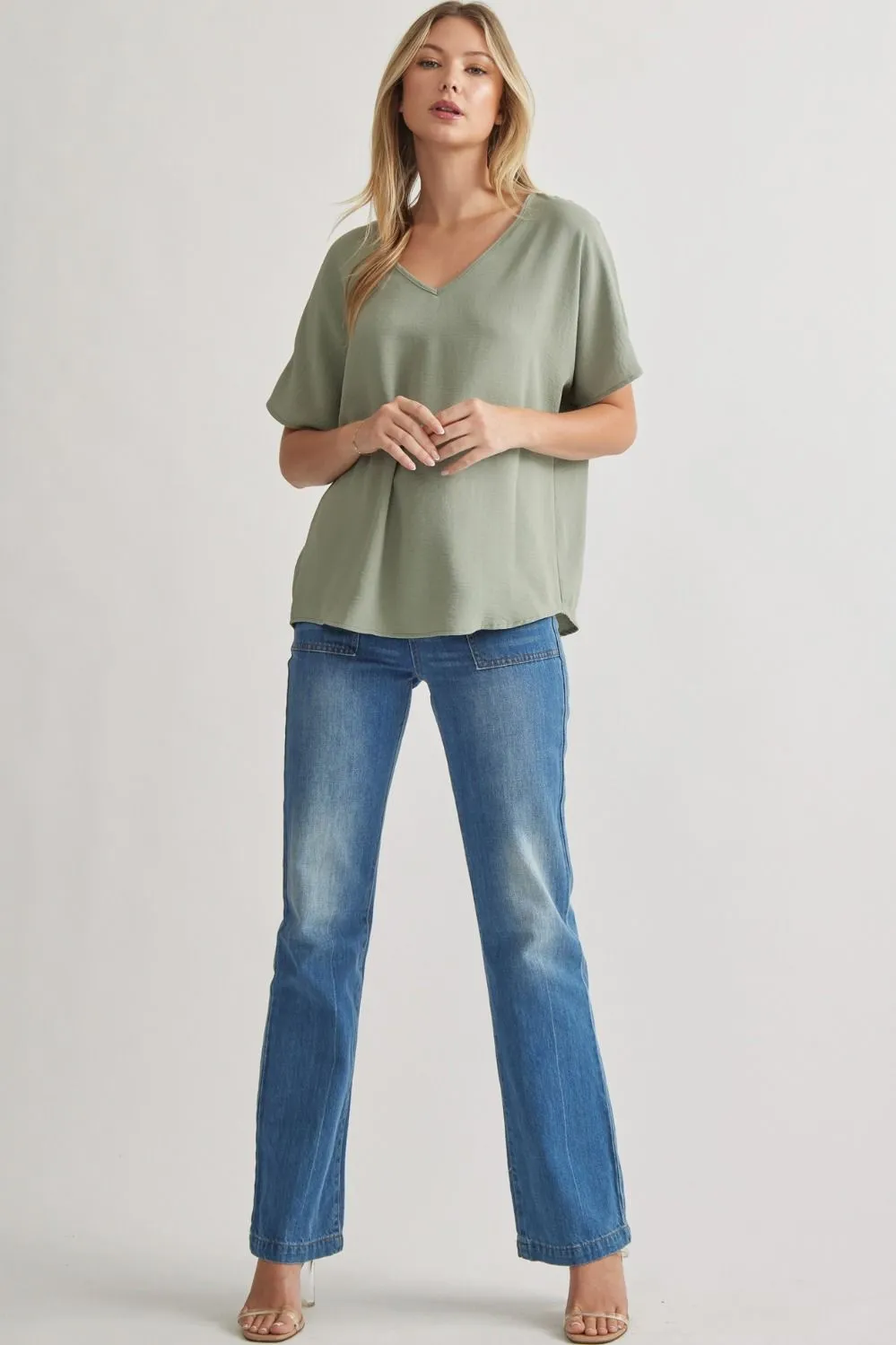 Blissful Basics V-Neck Top - Sage Green