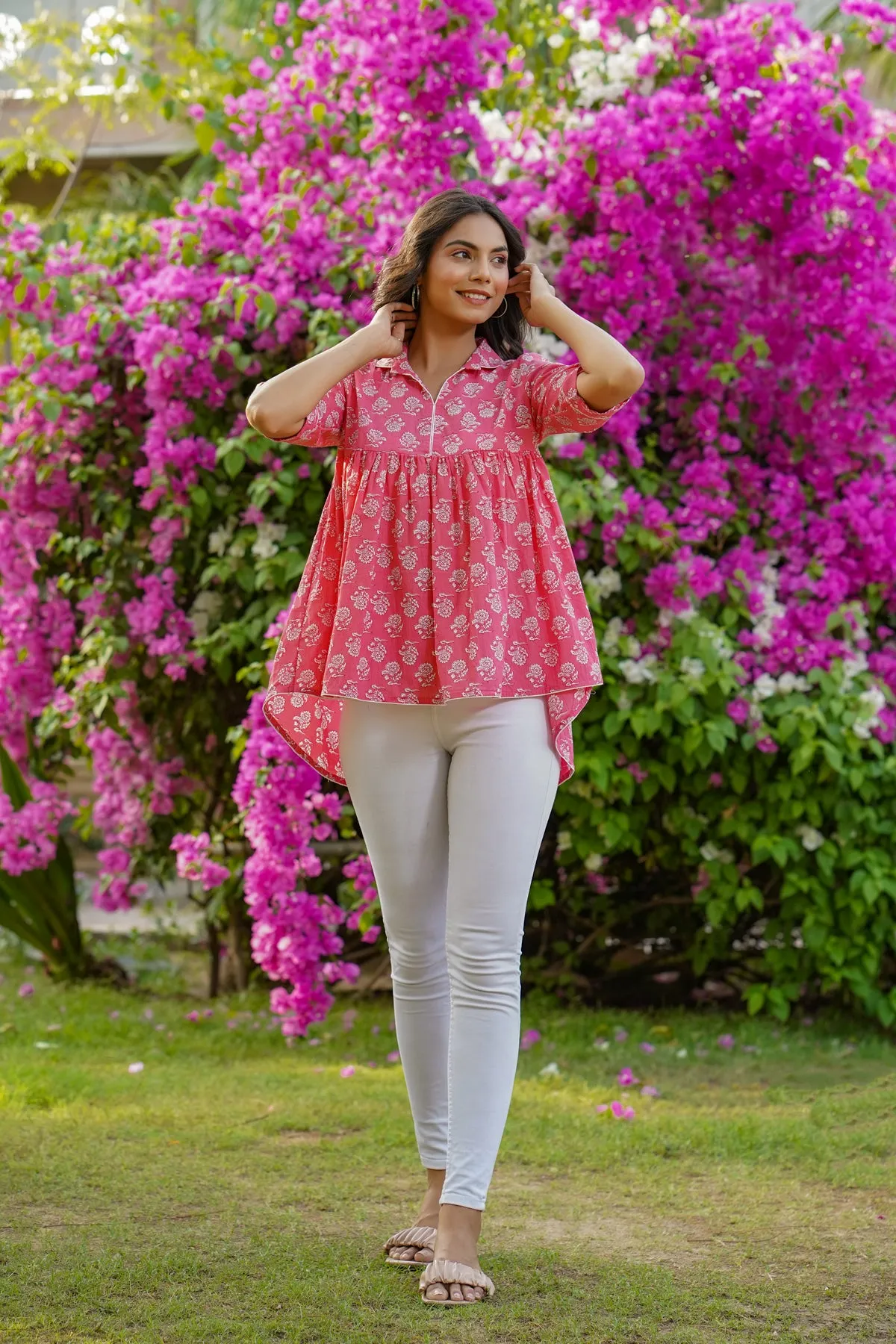 Blossoms on Pink Short Kurti