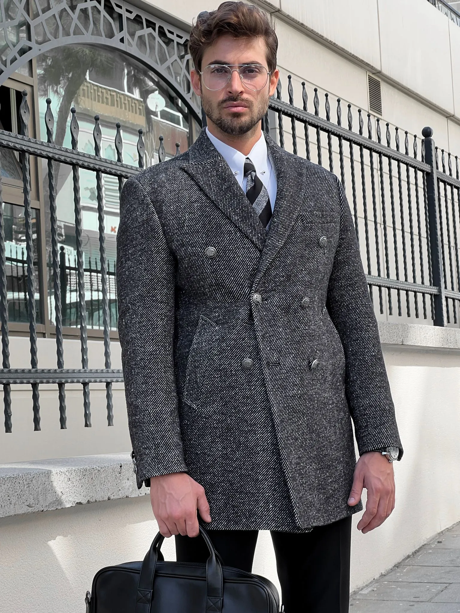 Bojoni Astoria Fit Double Breasted Woolen Marbled Black Coat