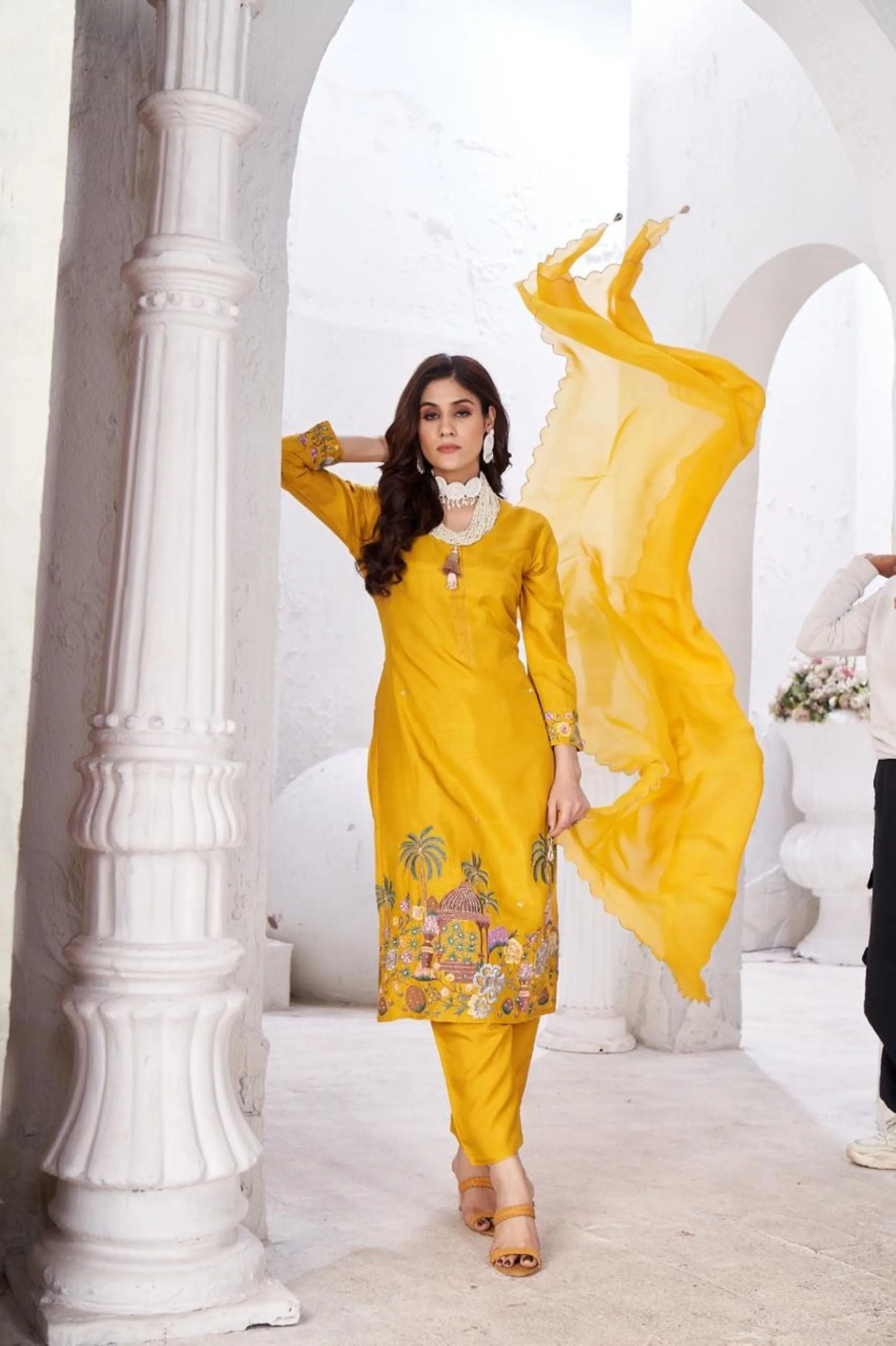 Bright Yellow Embellished Glass Tissue Organza Kurta Pant Set