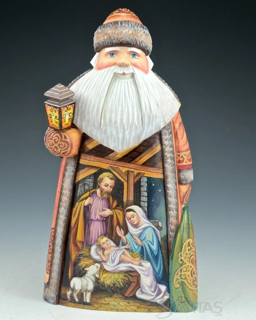 Carved Russian Santa with Nativity Scene