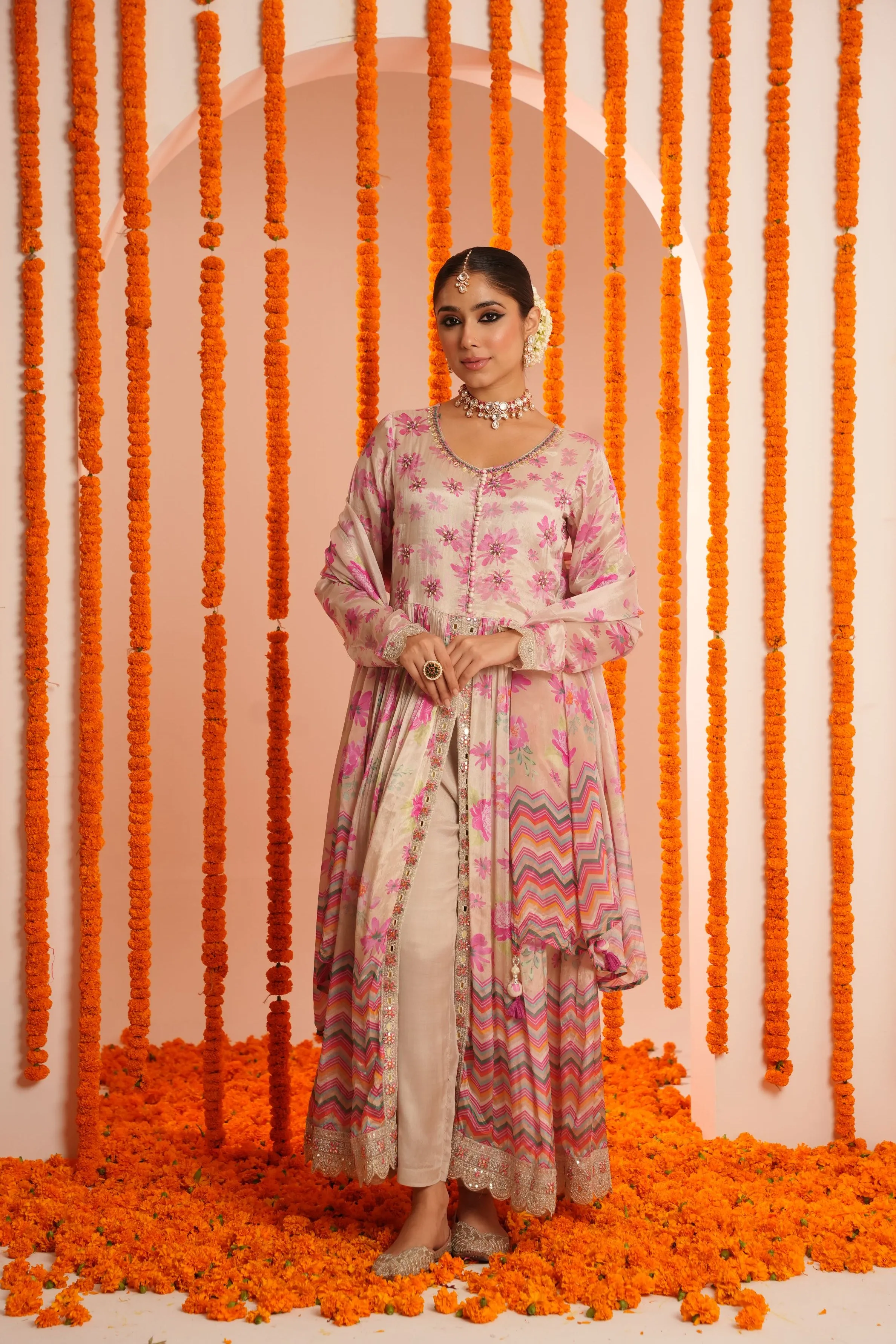 Champagne Gold Floral Printed Italian Silk Anarkali Set