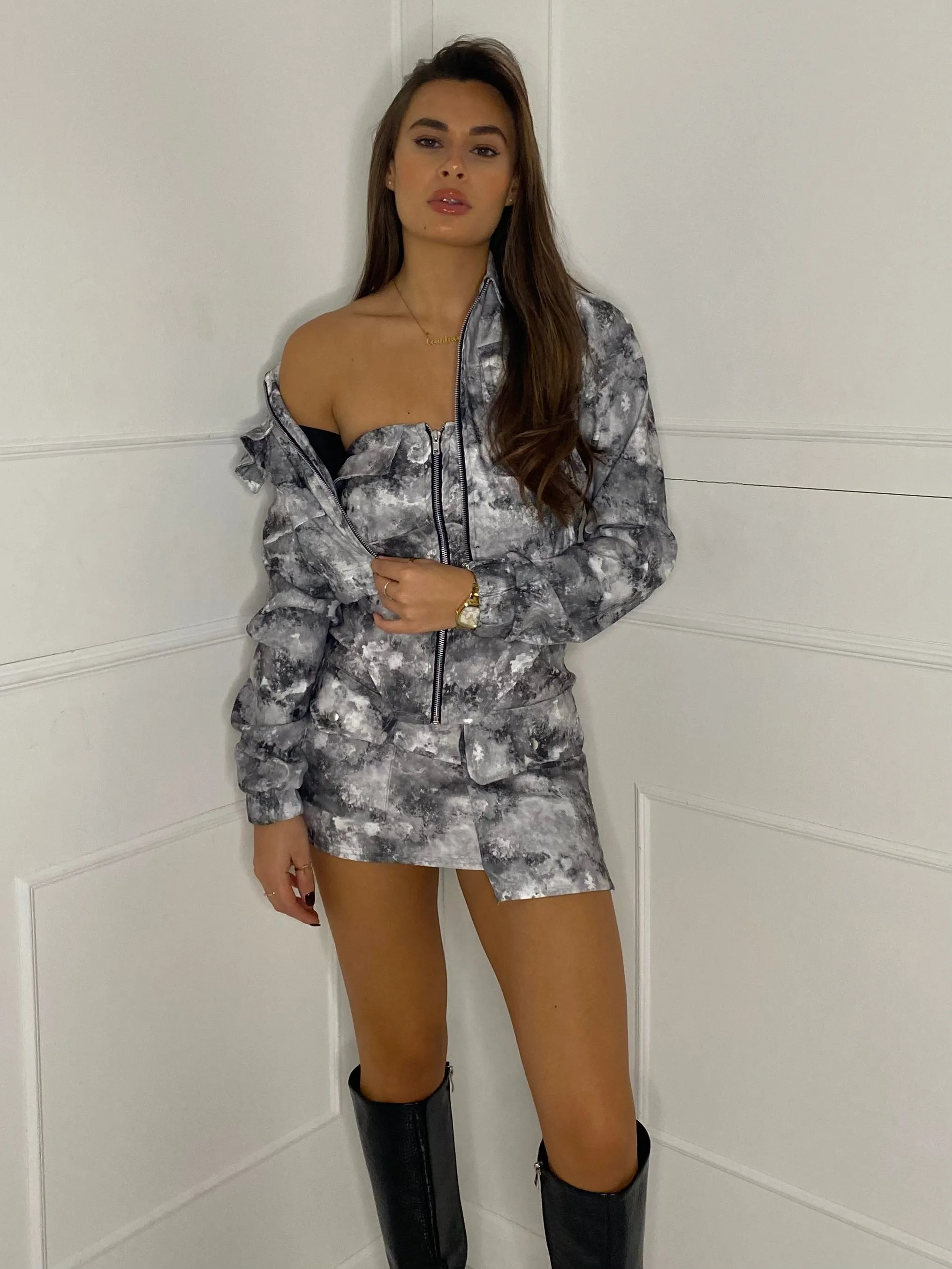 Co-Ord & Collar Jacket Set - Grey Marble