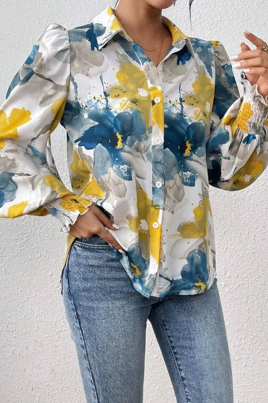 Create Your Style Floral Print Blouse Blue & Yellow