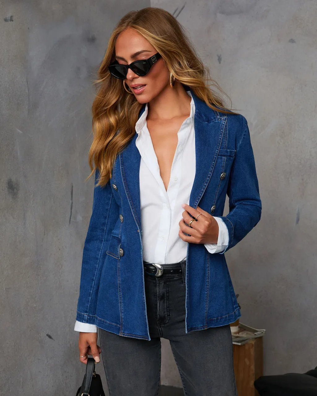 Easy On Me Faux Double Breasted Denim Blazer