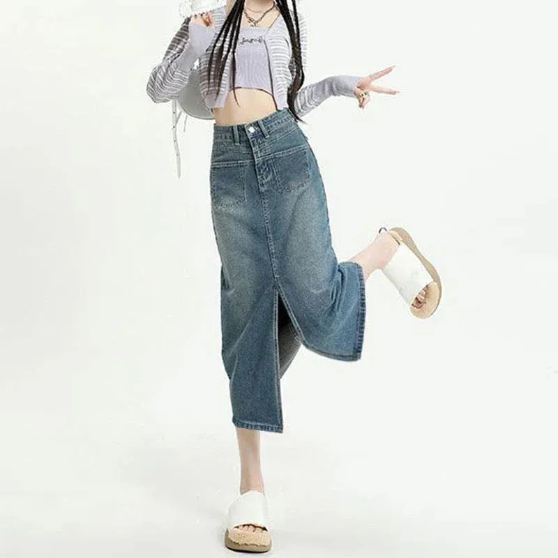 Female 2024 New High Waisted Package Hip Half-Body Skirt Jeans