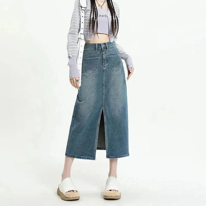 Female 2024 New High Waisted Package Hip Half-Body Skirt Jeans