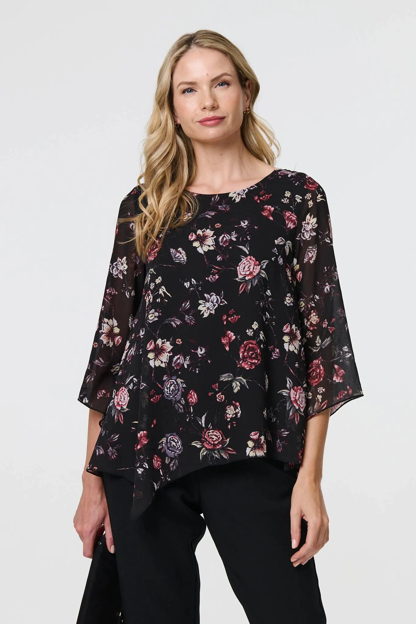 Floral Semi Sheer Hanky Hem Blouse