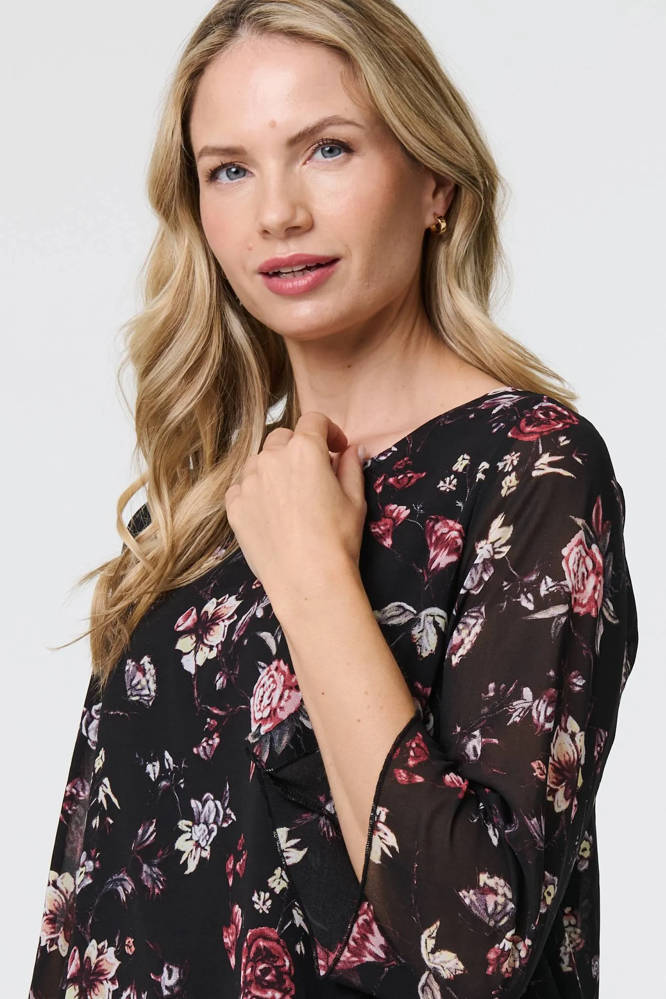 Floral Semi Sheer Hanky Hem Blouse