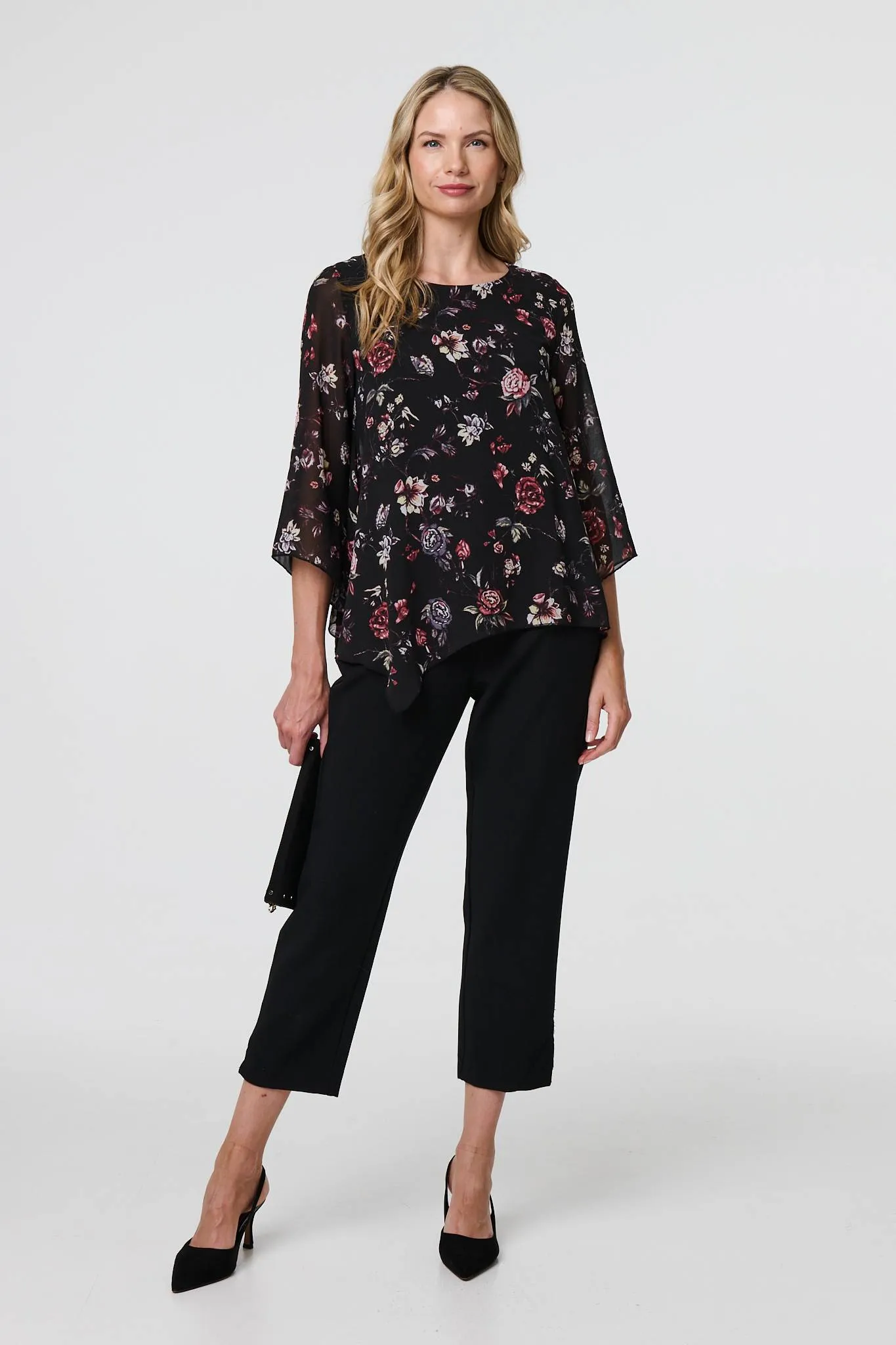 Floral Semi Sheer Hanky Hem Blouse