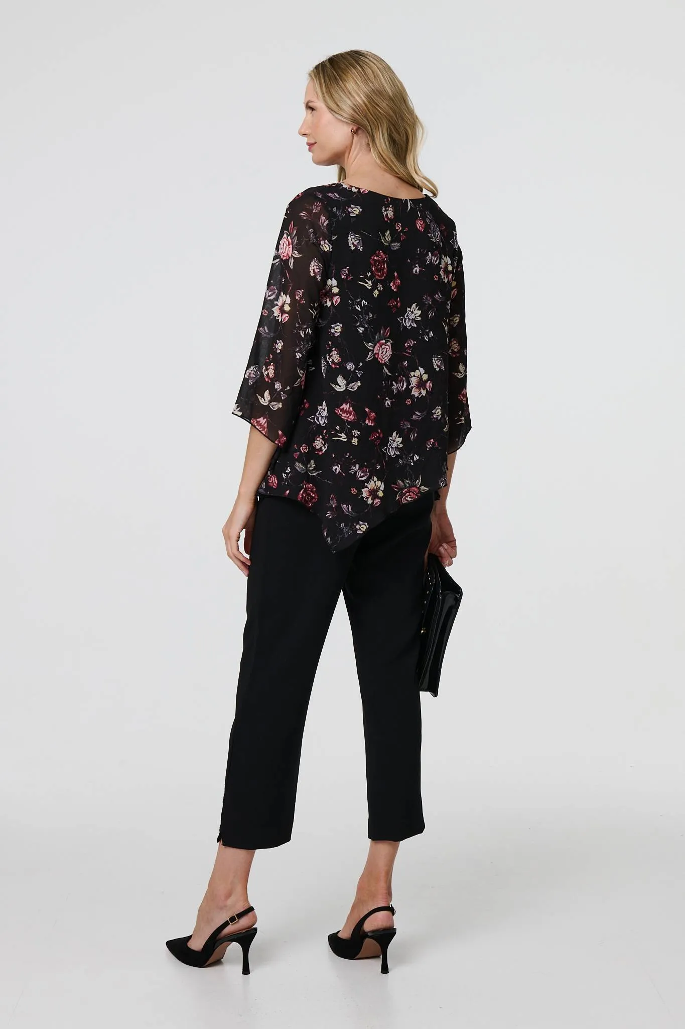 Floral Semi Sheer Hanky Hem Blouse