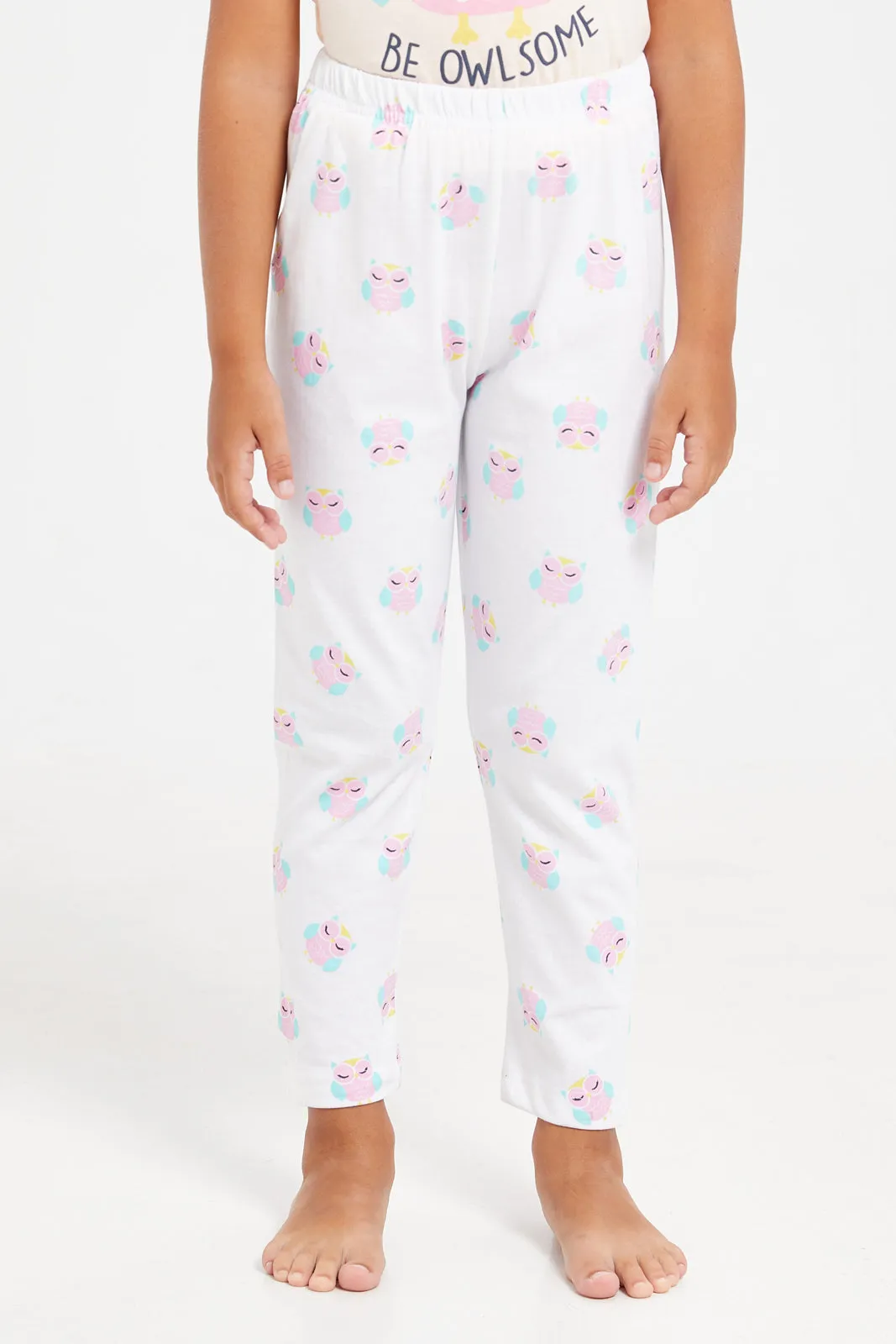 Girls Apricot And White Printed Pyjama Set (2 Piece)