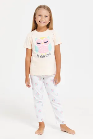 Girls Apricot And White Printed Pyjama Set (2 Piece)