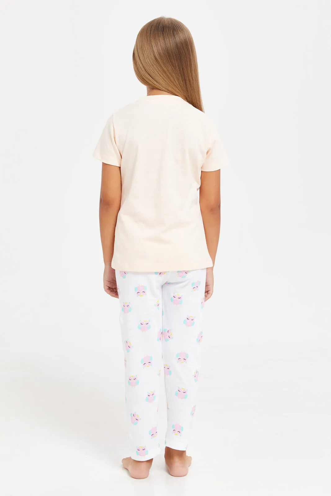 Girls Apricot And White Printed Pyjama Set (2 Piece)