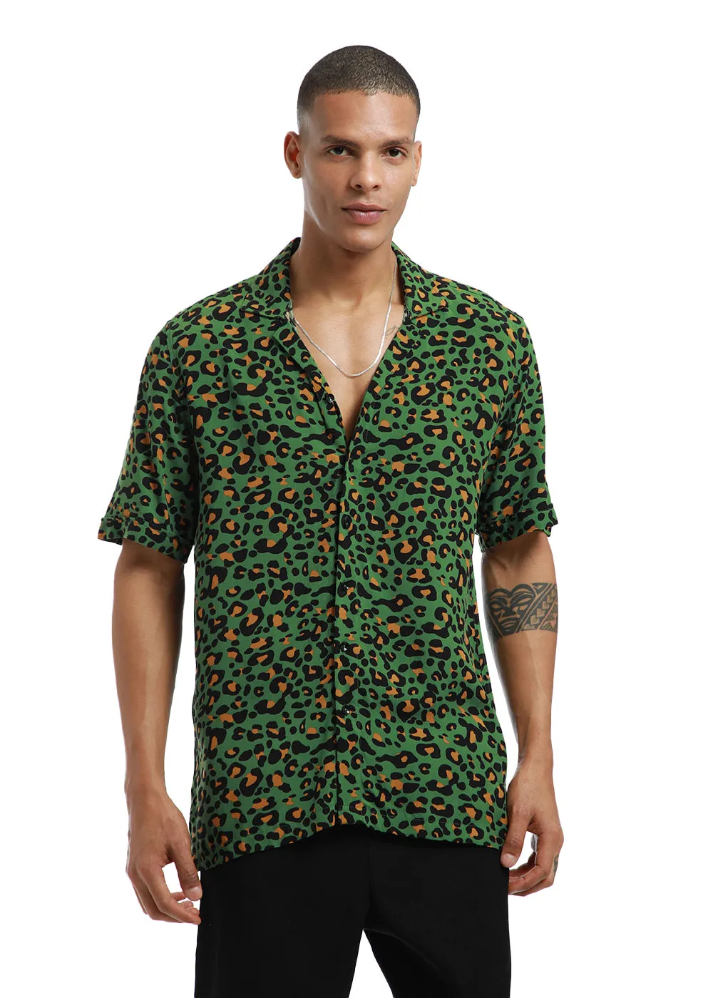 Green Leopardic Print Half sleeve shirt