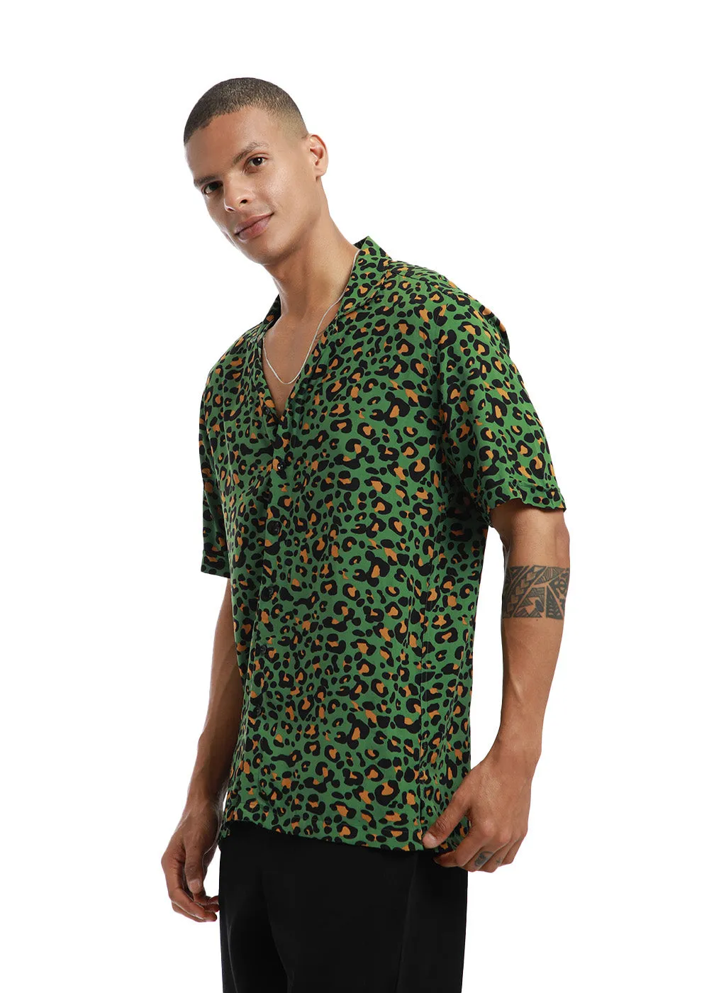 Green Leopardic Print Half sleeve shirt