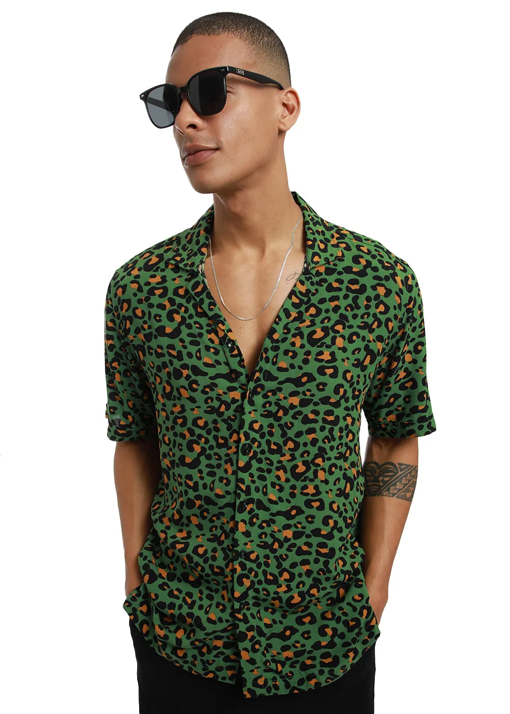 Green Leopardic Print Half sleeve shirt