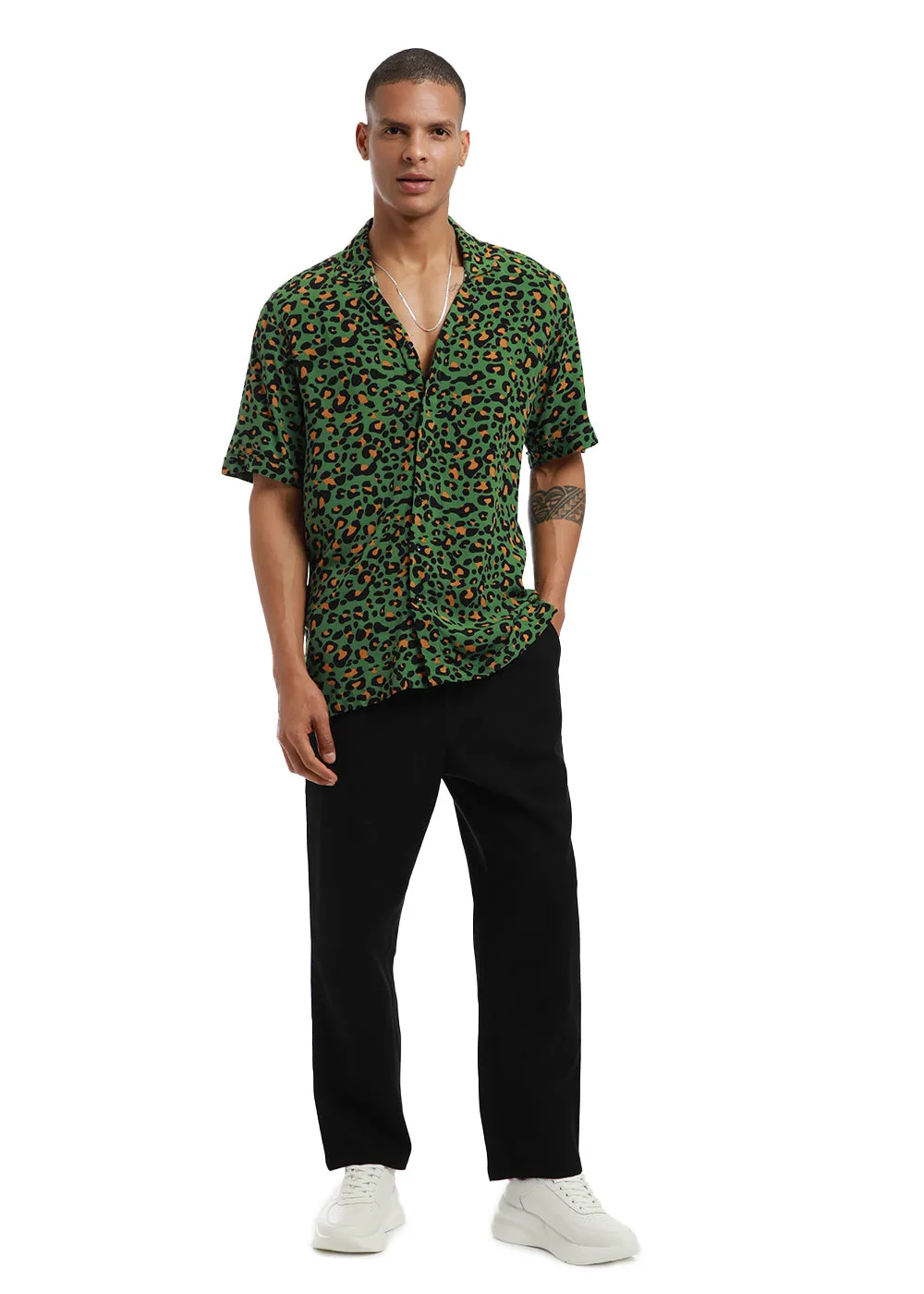 Green Leopardic Print Half sleeve shirt