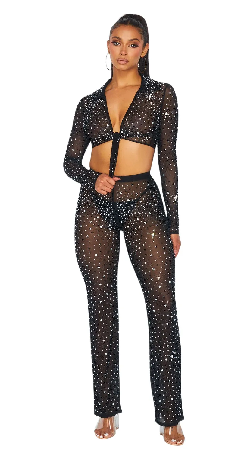 Hot & Delicious Women's Sheer Rhinestone Mesh Top