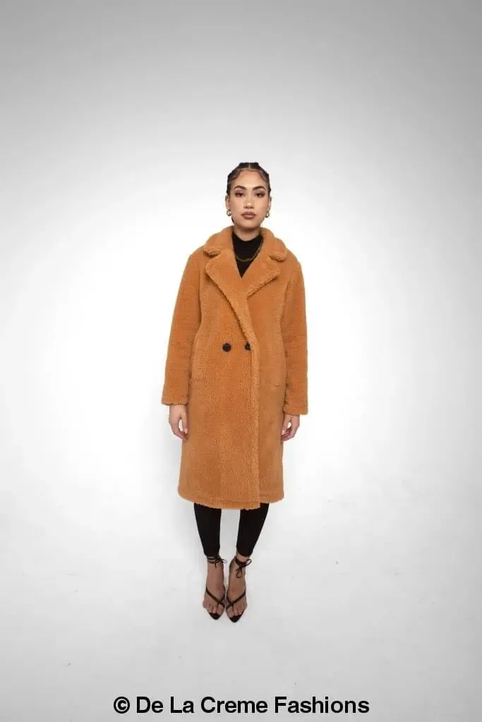 Jackie Double Breasted Borg Teddy Midi Coat