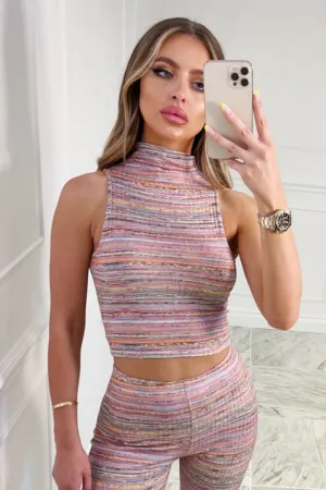 Kiki PINK stripe high neck crop top