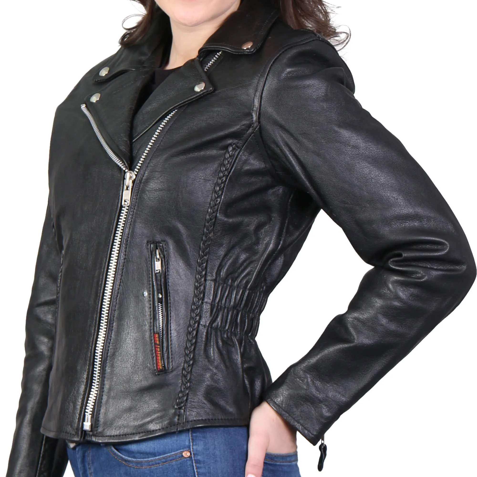 Ladies Braided Motorcycle Leather Jacket, JKL1009-HL