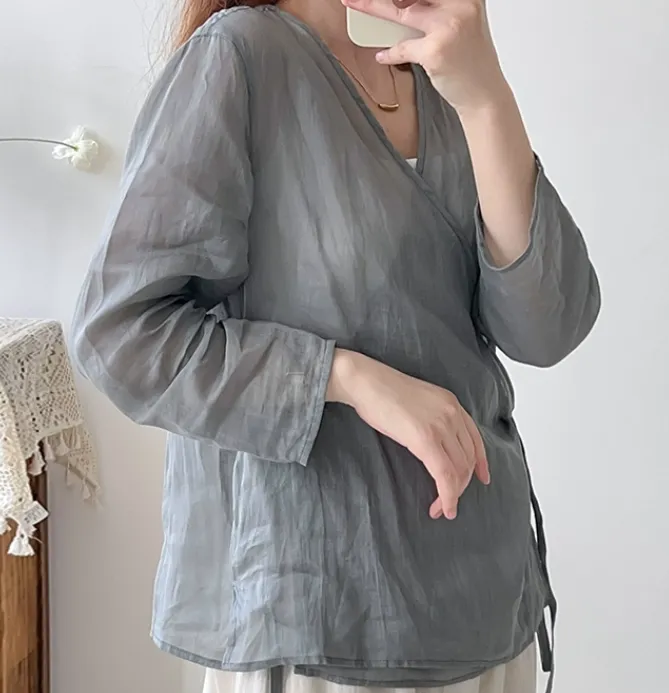 Long Sleeve loose Summer Women Linen Tops 2207