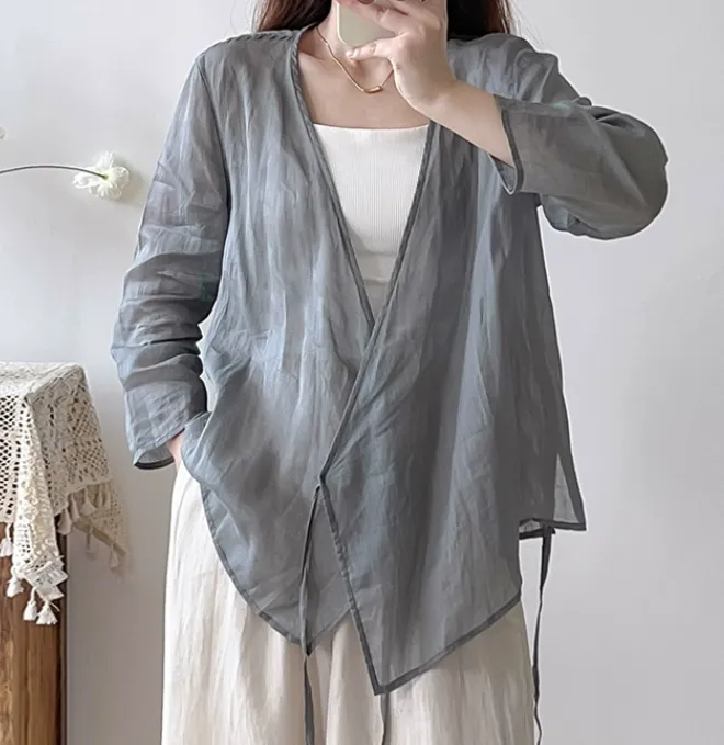 Long Sleeve loose Summer Women Linen Tops 2207