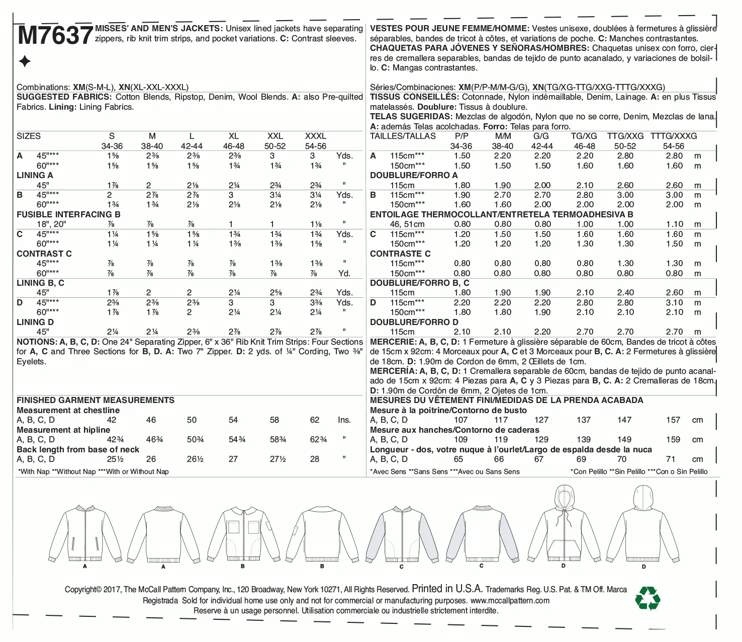 McCall's Pattern M7637 Misses' and Men's bomber Jackets