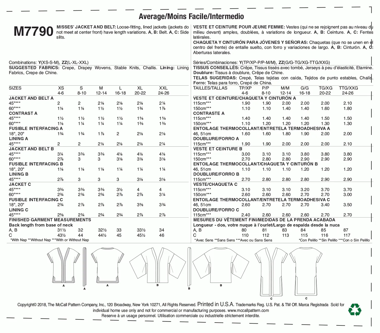 McCall's Pattern M7790 Misses' Jacket and belt