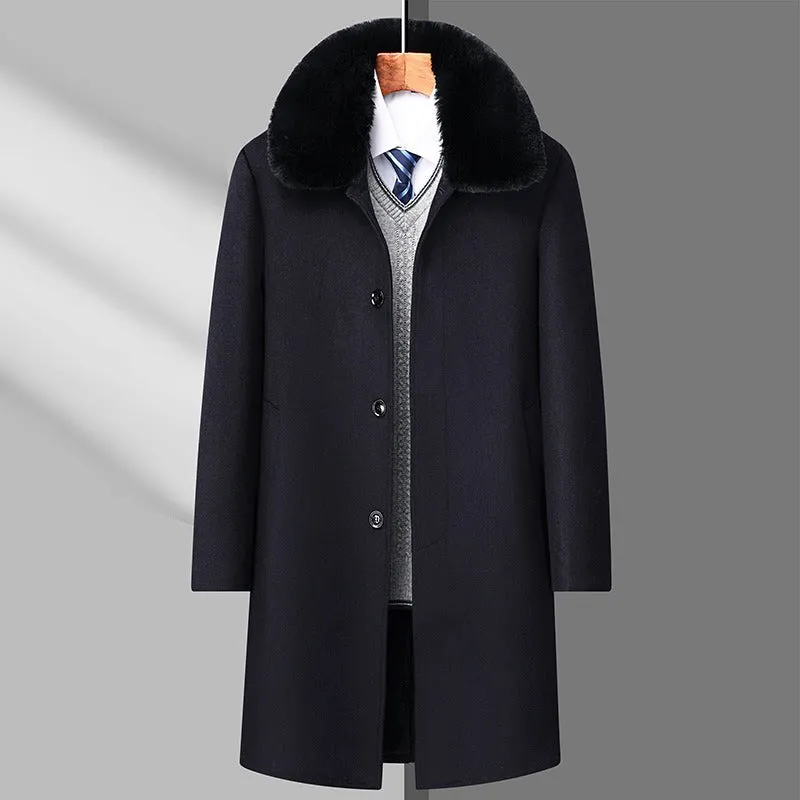 Men's Casual Business Single Breasted Long Peacoats Overcoat Winter Wool Coats Fur Collar Trench Coat | DY9802