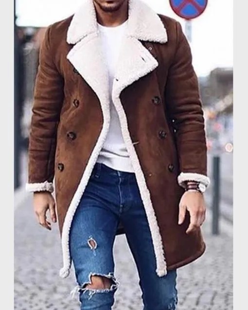 Men's Fur Collar Shearling Double-Breasted Leather Coat