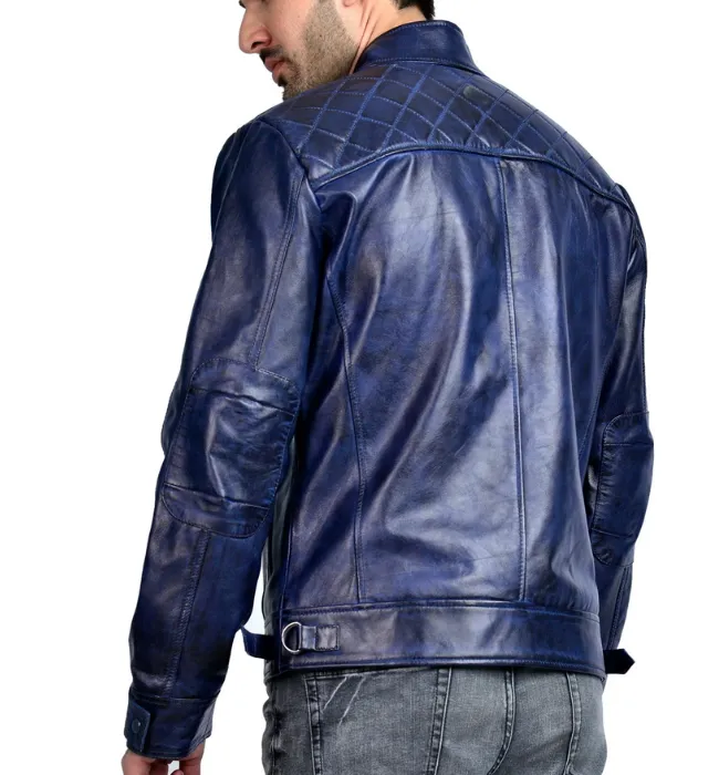 Men’s Quilted Cafe Racer Blue Leather Jacket