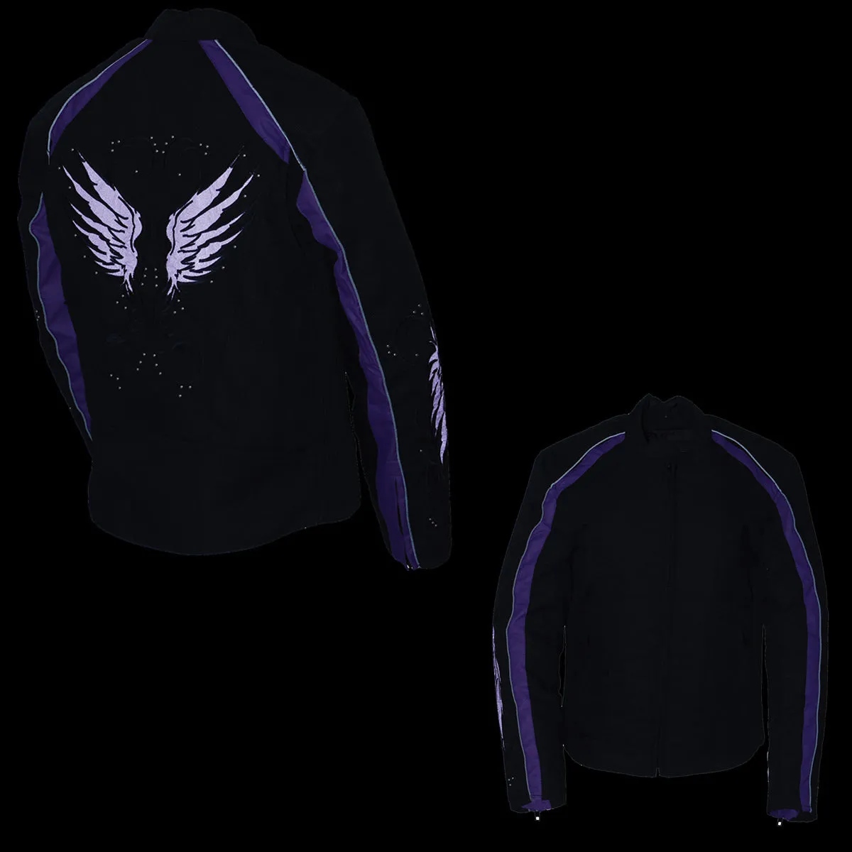 Milwaukee Leather SH1954 Women's Black and Purple Textile Jacket with Stud and Wings Detailing