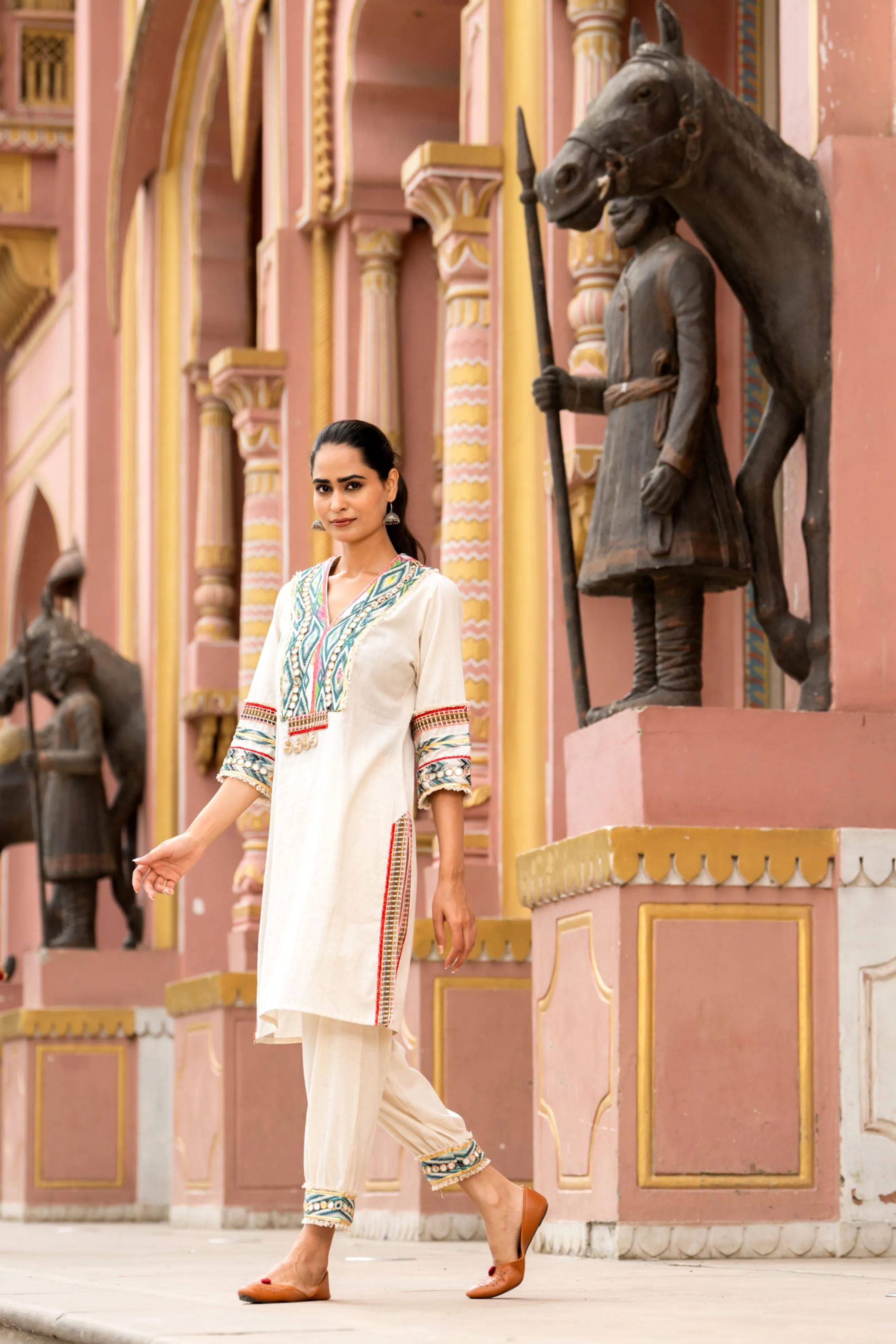 Off White Embroidered Ikat Cotton Kurta Pants Set