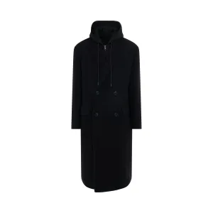 Over-Fit Jersey Hood Detachable Double Coat in Black