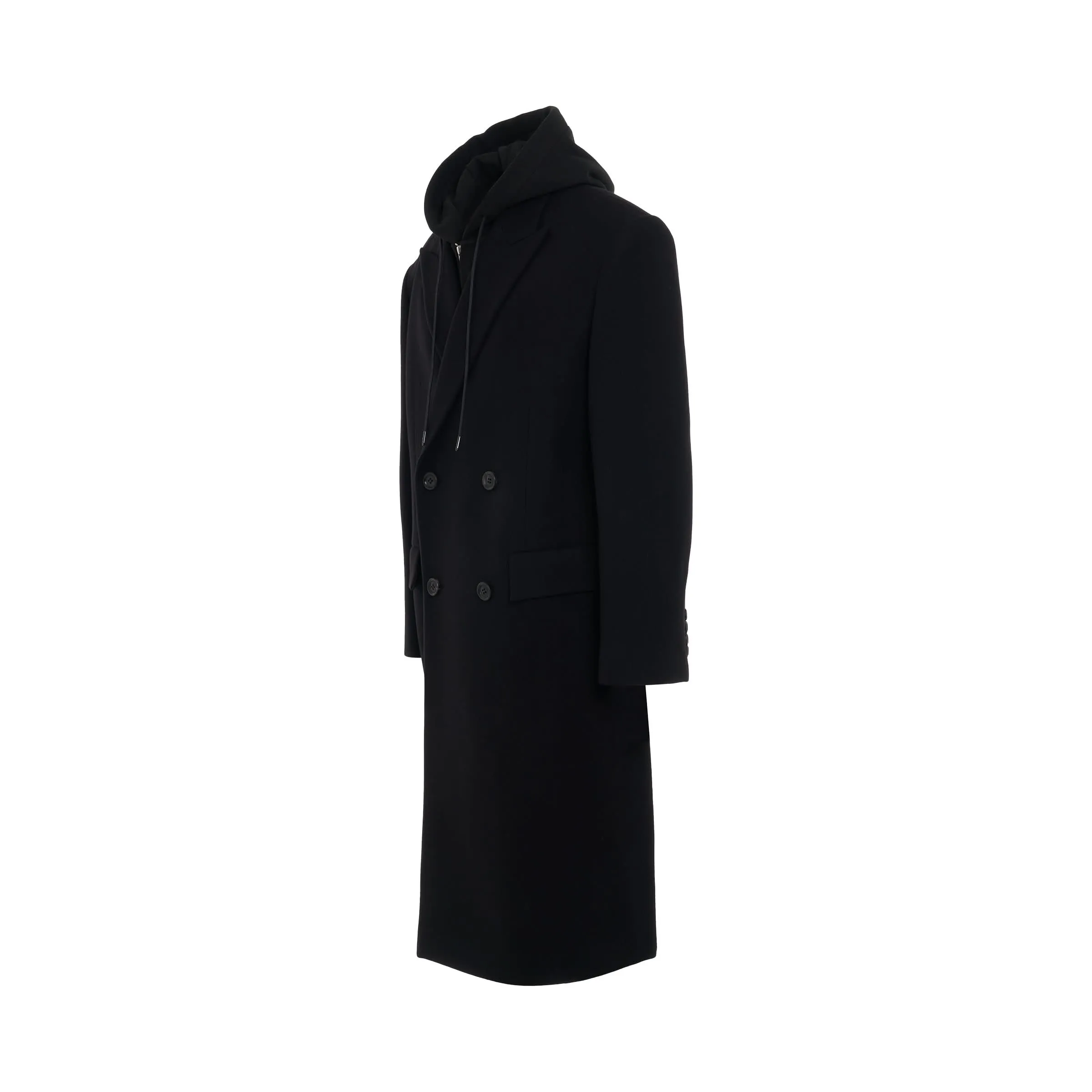 Over-Fit Jersey Hood Detachable Double Coat in Black