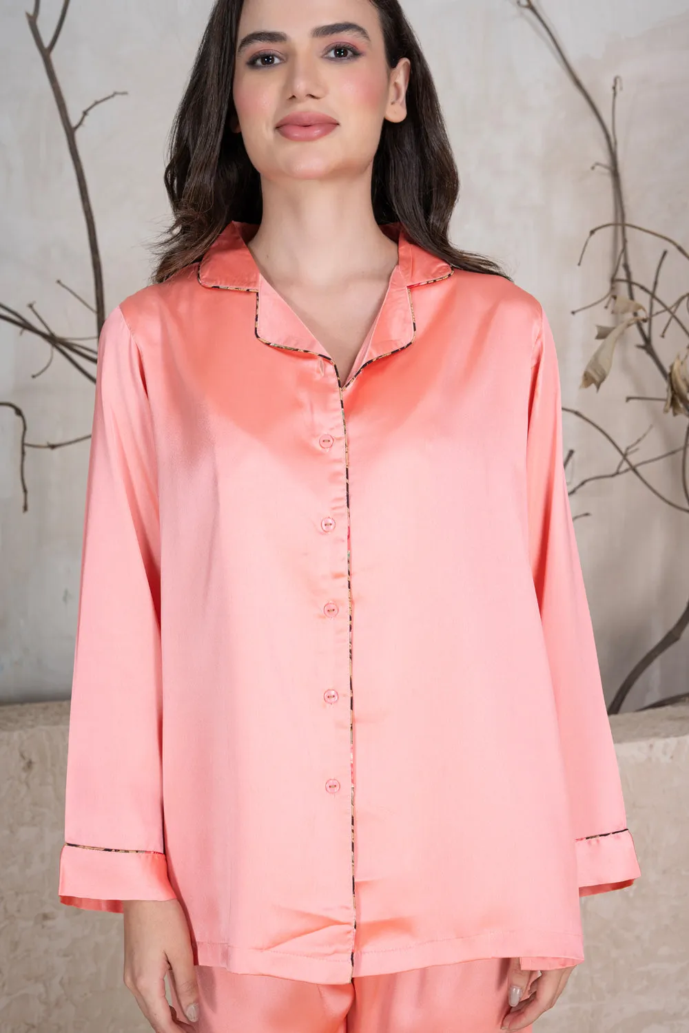 Peach Satin Classic collar Night suit