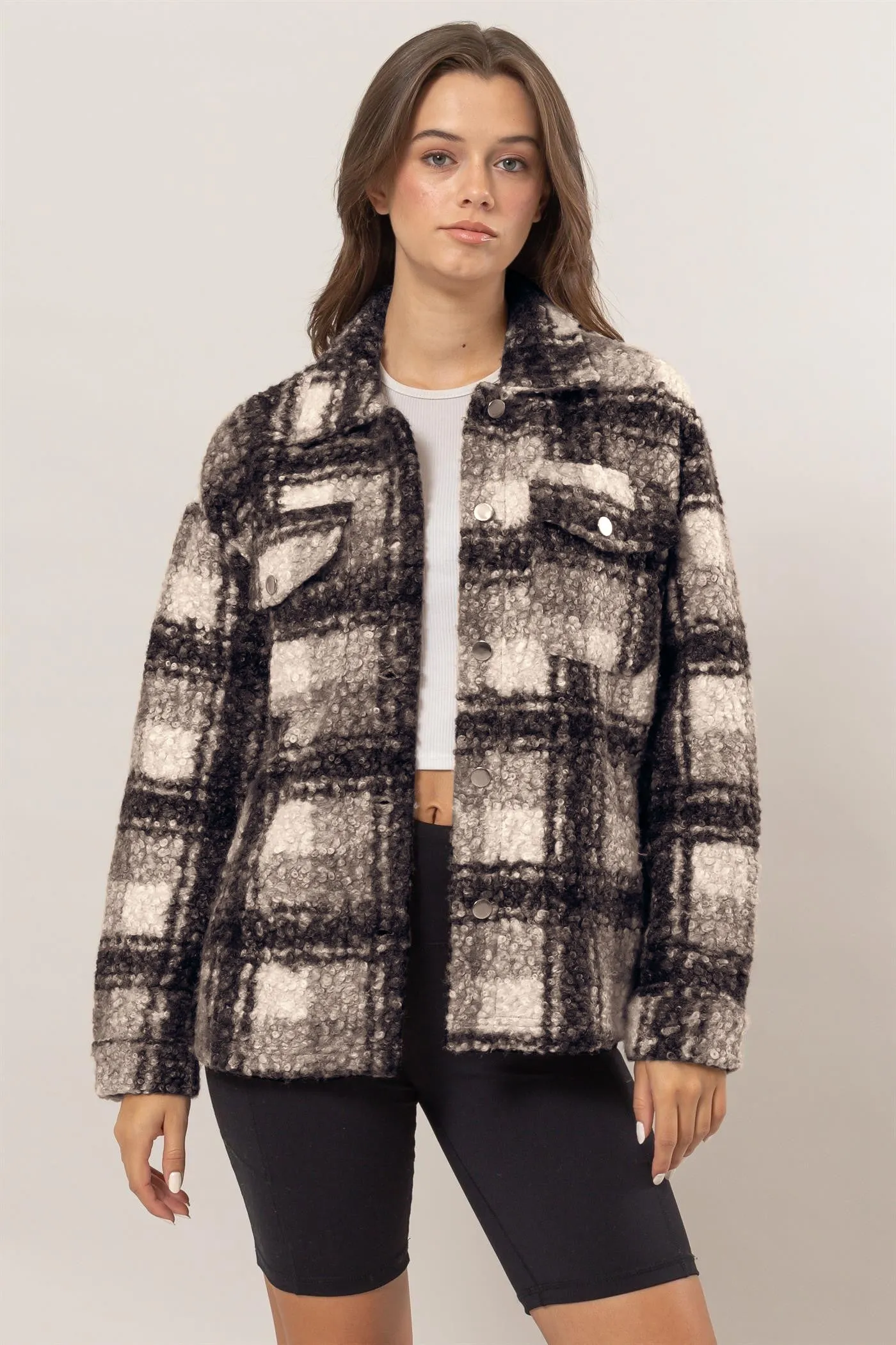 Plaid Button Up Boucle Jacket