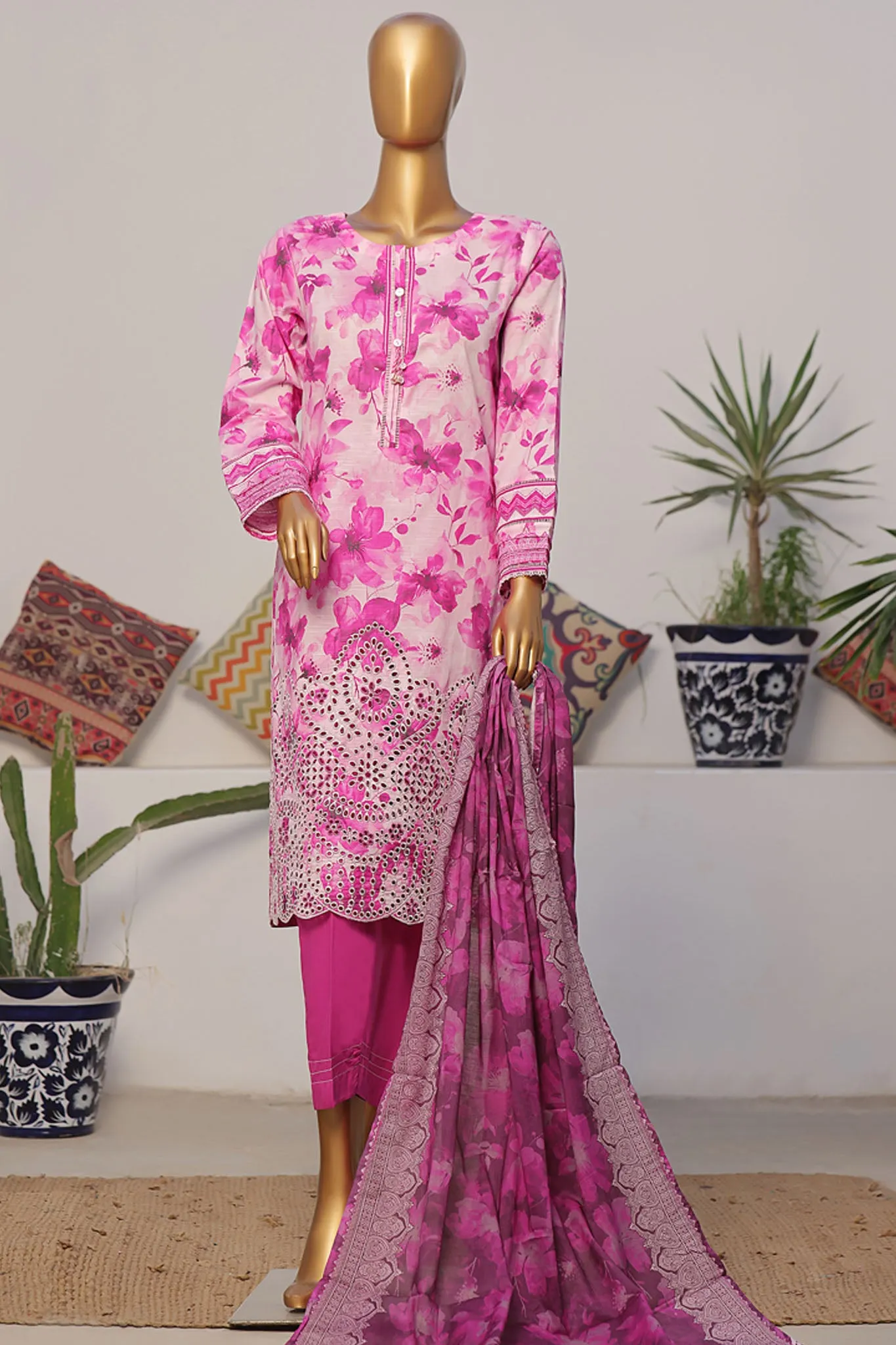 Printkari By HZ Stitched 3 Piece Emb Slub Cambric Collection'2024-CPK-809