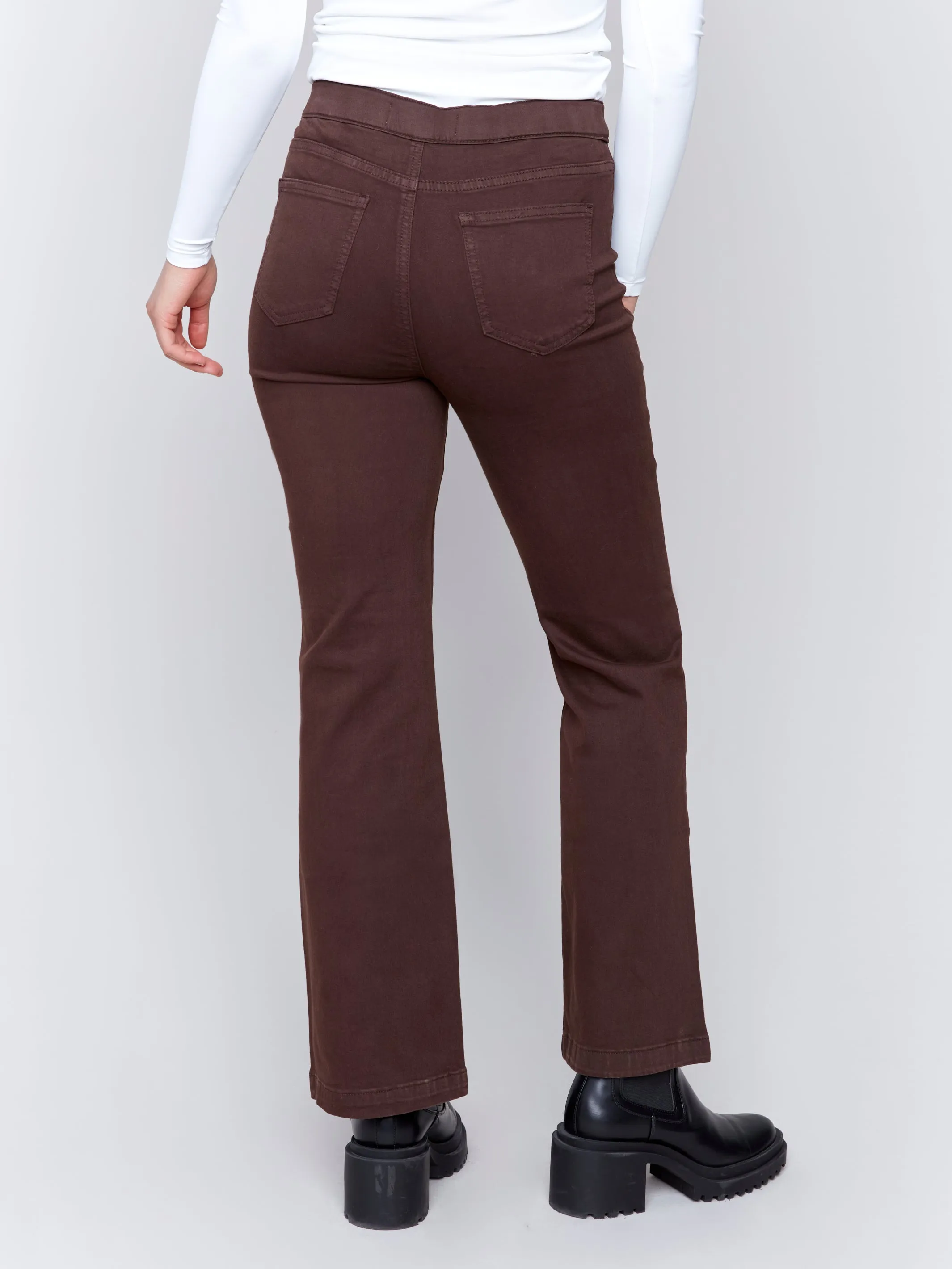 Pull-On Flare Twill Pants with Front Buttons