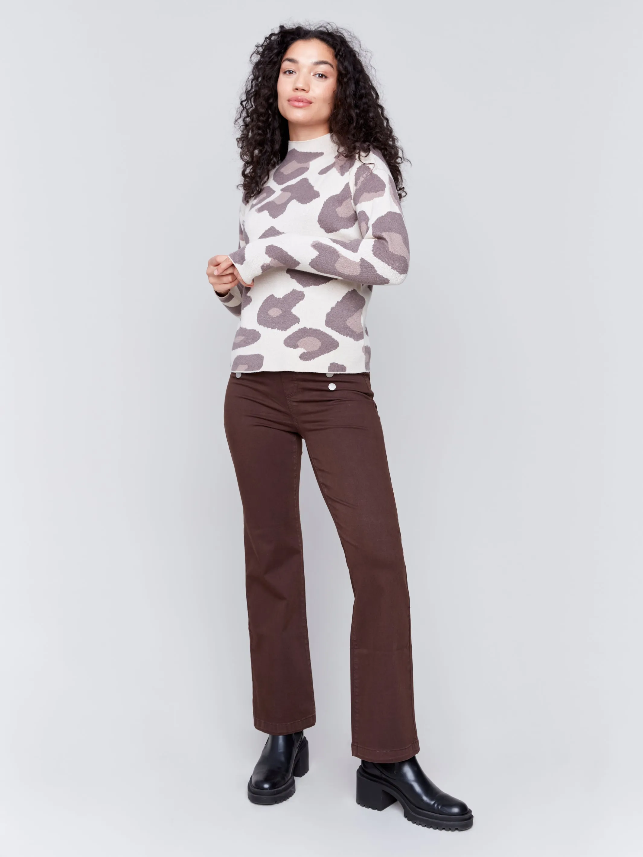 Pull-On Flare Twill Pants with Front Buttons