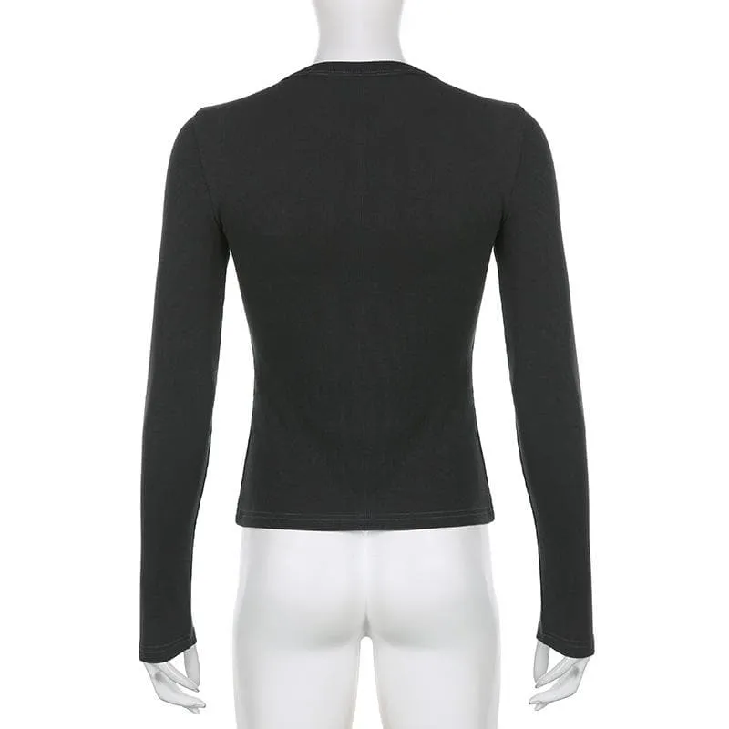 Ribbed solid long sleeve button crewneck top