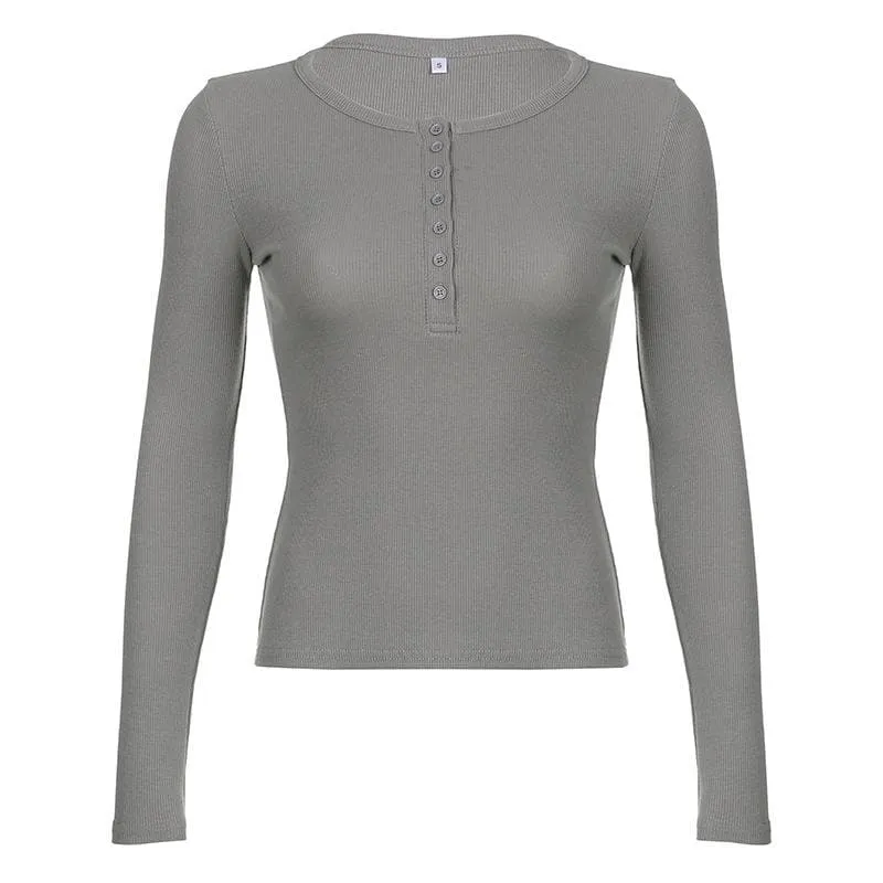 Ribbed solid long sleeve button crewneck top