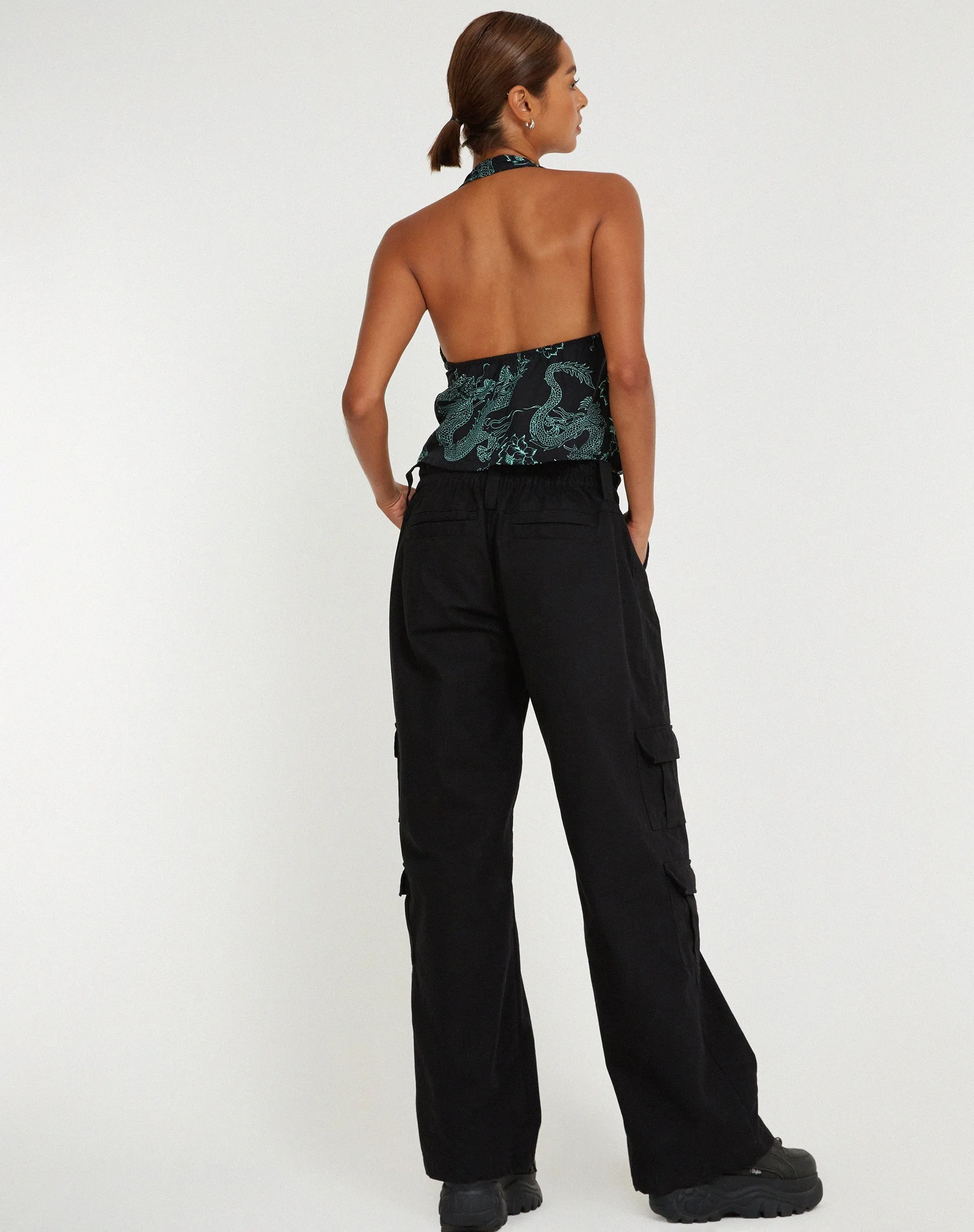 Roula Halter Top in Dragon Flower Black Mint