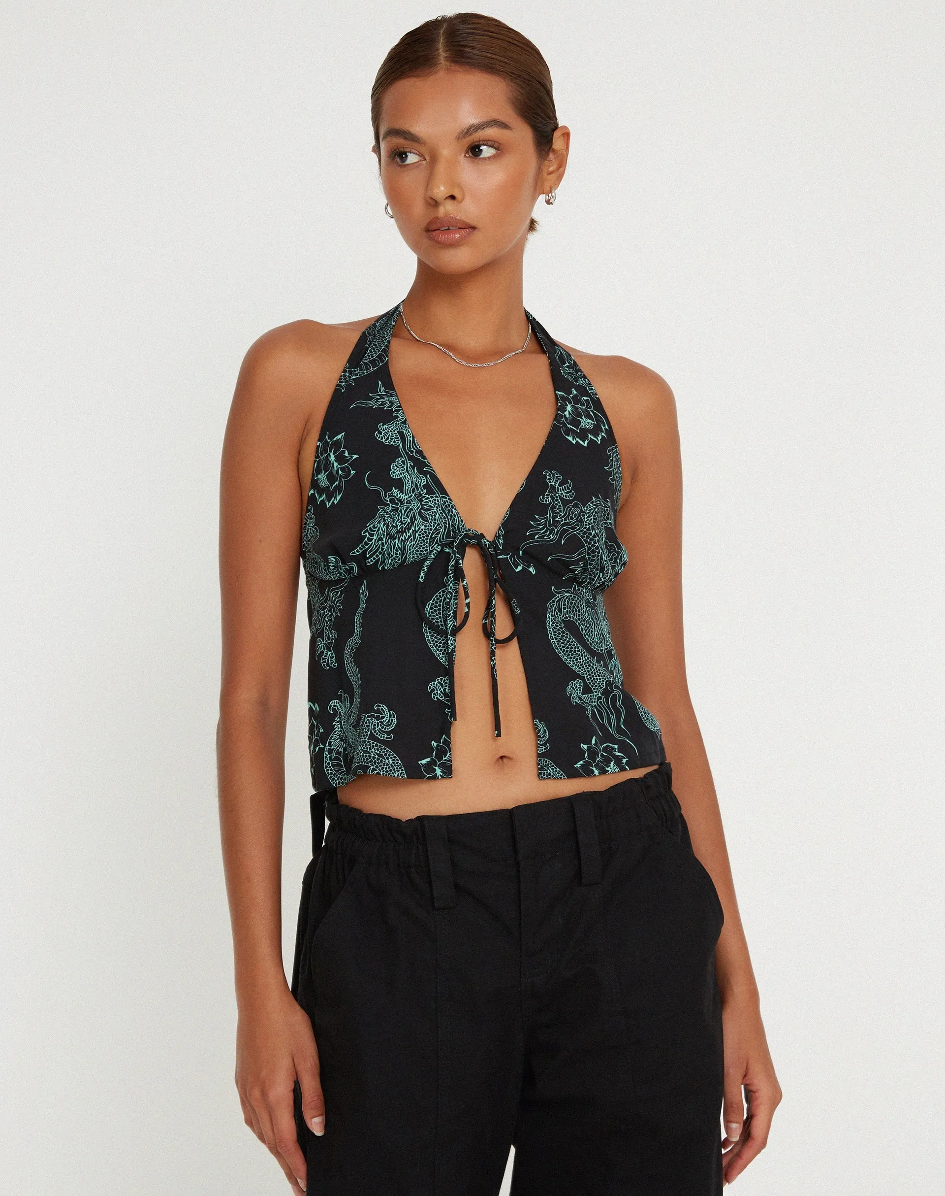 Roula Halter Top in Dragon Flower Black Mint